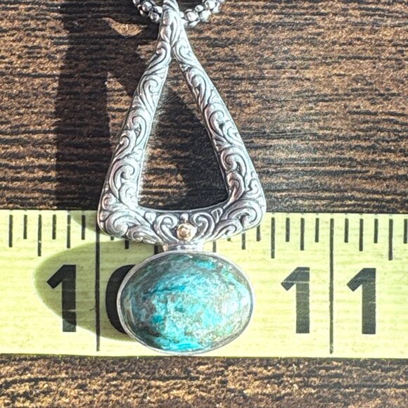 Sterling Silver 925 & 18k Gold Chrysocolla Bezel Set Pendant Necklace 18" Length - Picture 14 of 16